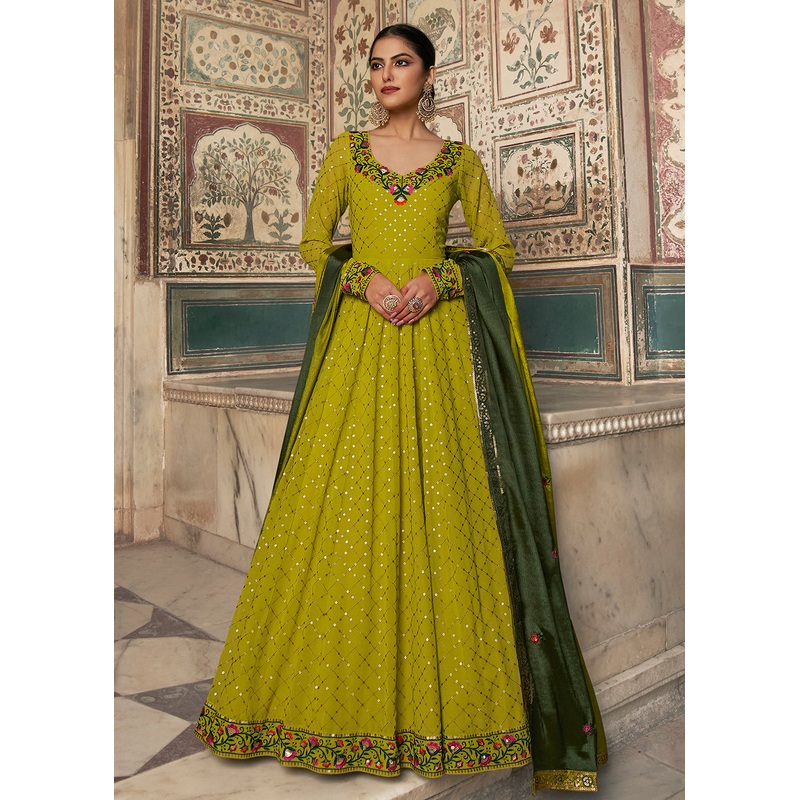 Cherishing Lime Green Sequins Georgette Party Wear Festive Gown
