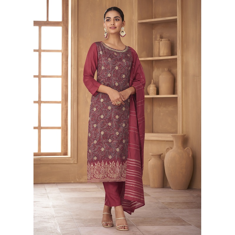 Classic Red Russian Silk Embroidered Pant Style Suit