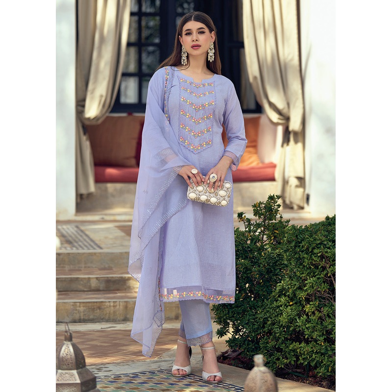 Cotton Lovely Lavender Embroidered Pant Style Salwar Suit