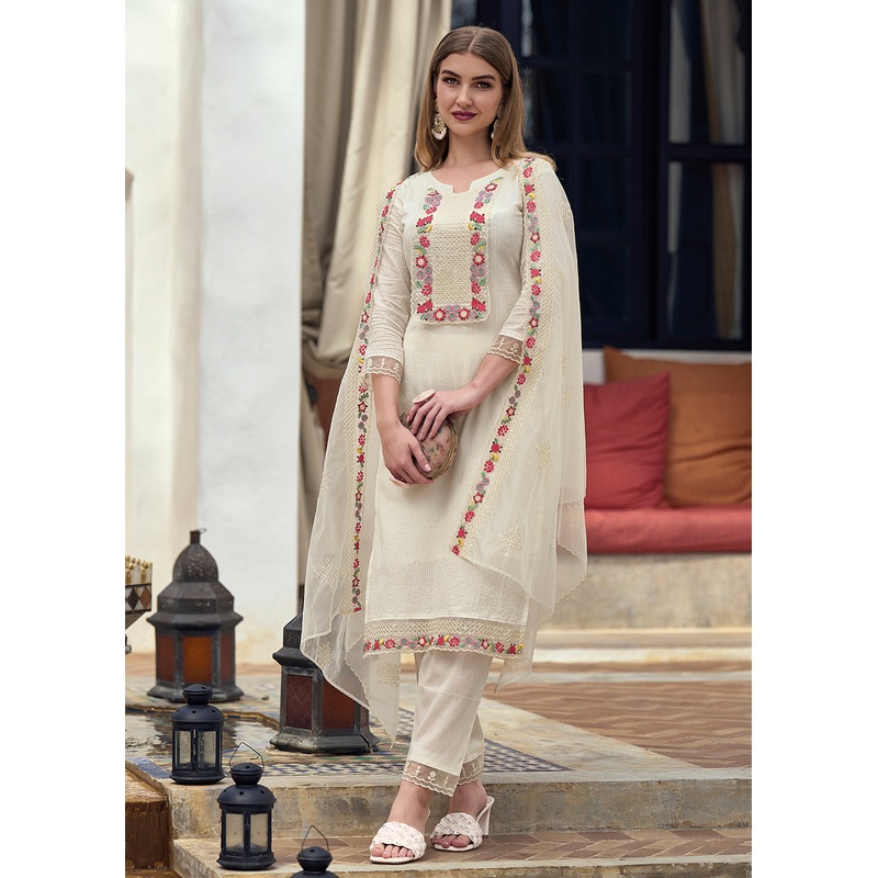 Cotton Lovely Off White Embroidered Pant Style Salwar Suit