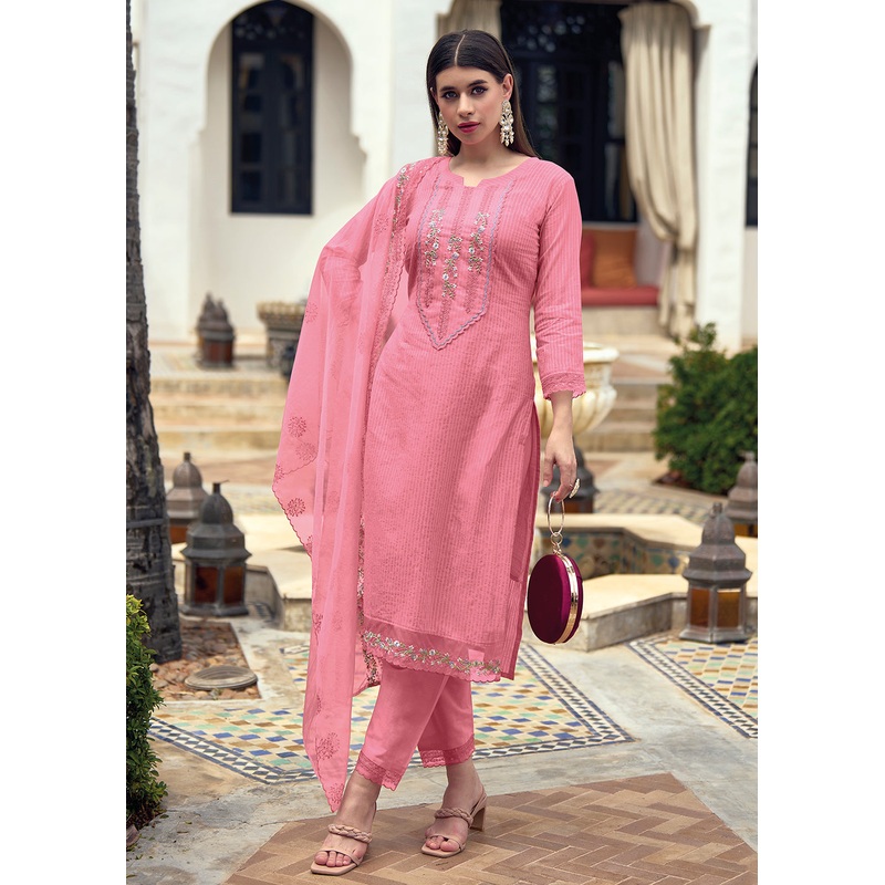 Cotton Lovely Pink Embroidered Pant Style Salwar Suit