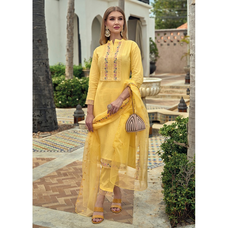 Cotton Lovely Yellow Embroidered Pant Style Salwar Suit