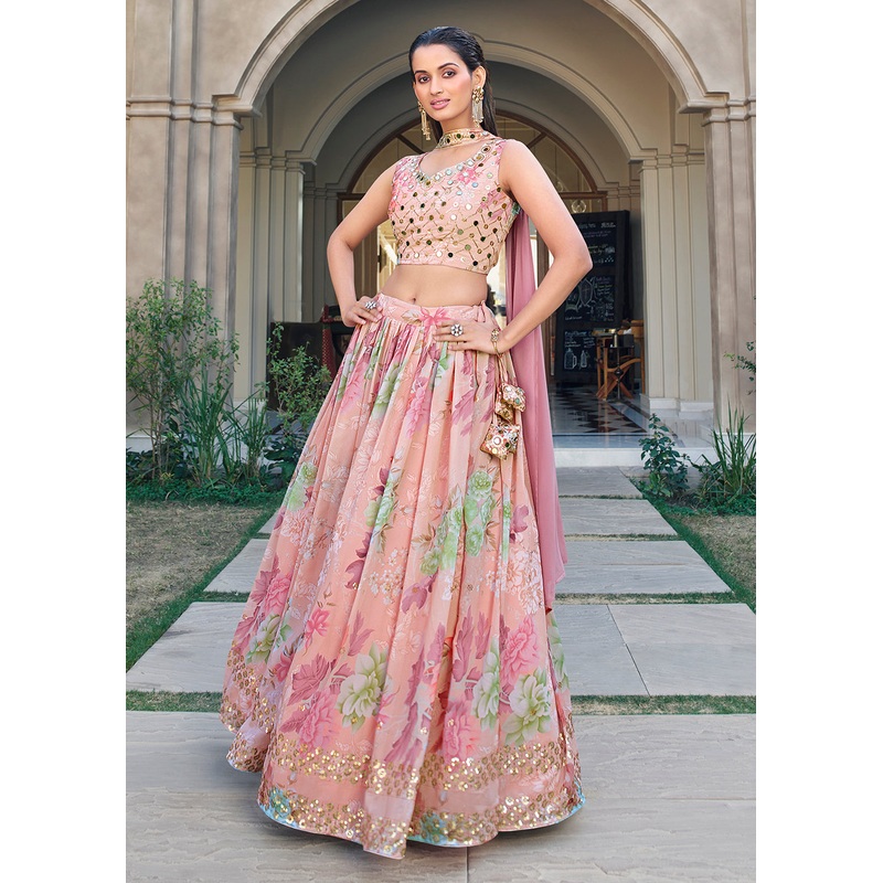 Crystal Floral Pink Printed Embroidered Designer Lehenga Choli