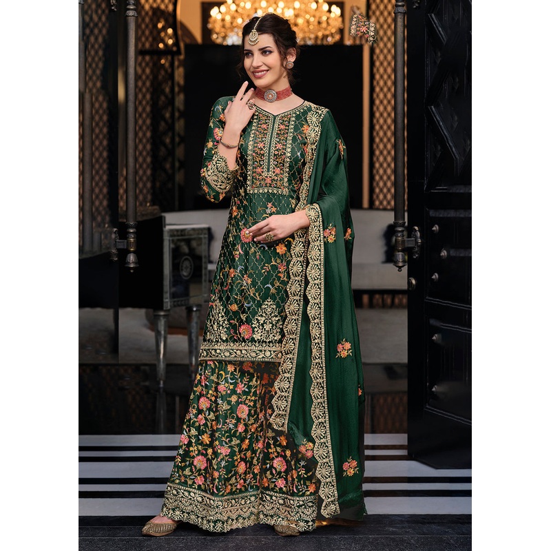 Dark Green Chinon & Georgette Designer Palazzo Salwar Suit