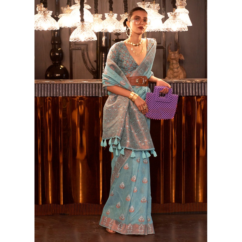 Dashing British Blue Copper Zari Weaving Linen Designer Saree