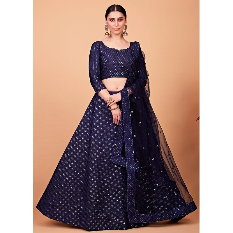 Dazzling Navy Blue Multi Thread & Sequins Party Wear Lehenga