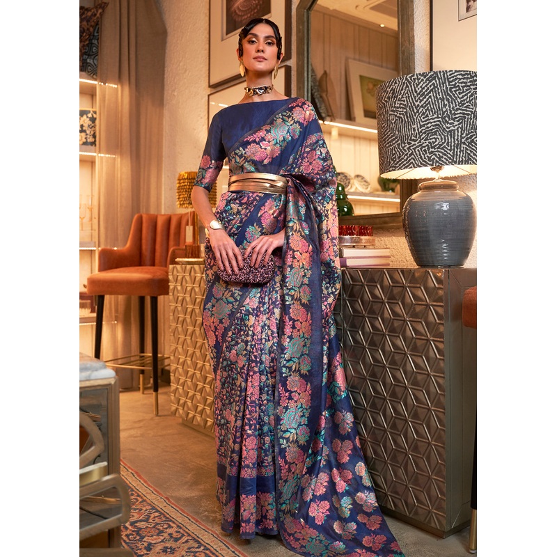 Denim Blue Floral Kashmiri Weaving Silk Wedding Party Saree