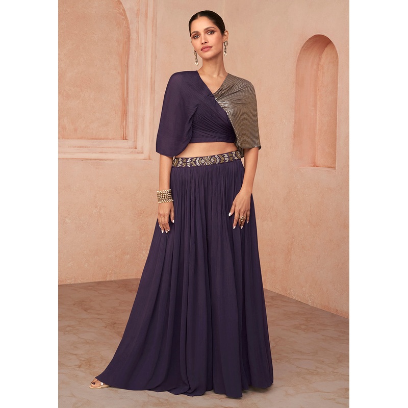 Designer Purple Crop Top Style Indo Western Palazzo Suit