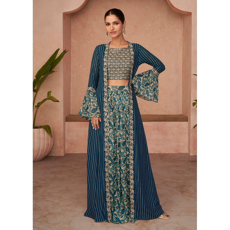 Designer Teal Blue Jacket Style Indo Western Palazzo Suit