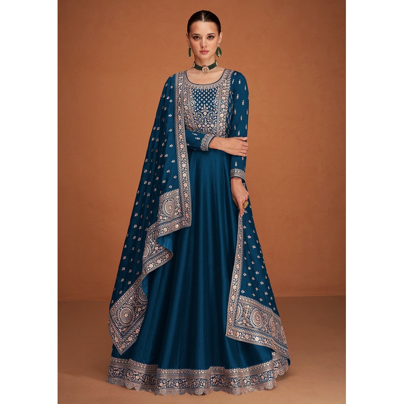 Desirable Sapphire Blue Silk Embroidered Party Wear Anarkali