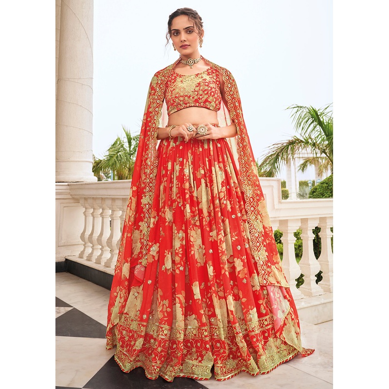 Digital Printed Carrot Red Designer Trendy Lehenga Choli