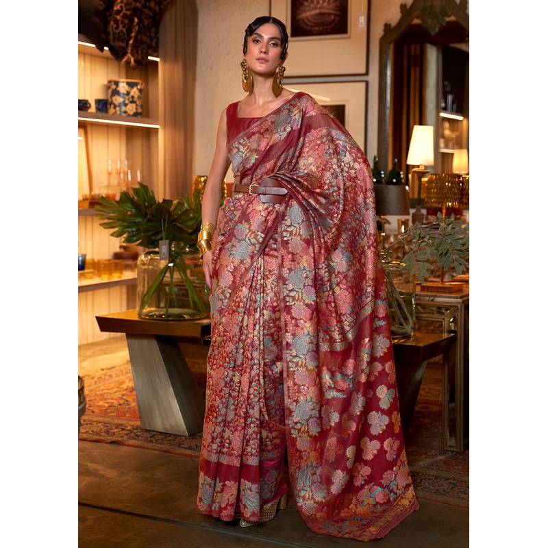 Earth Red Floral Kashmiri Weaving Silk Wedding Party Saree