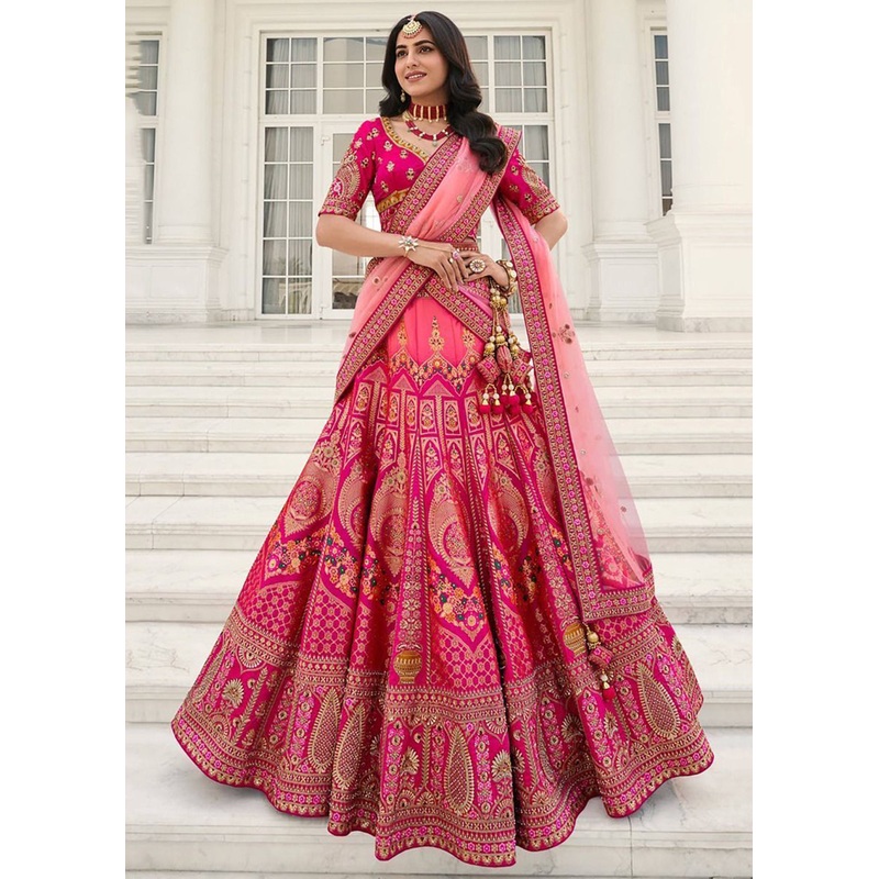 Elegant Fuchsia Pink Heavy Embroidered Silk Bridal Lehenga Choli