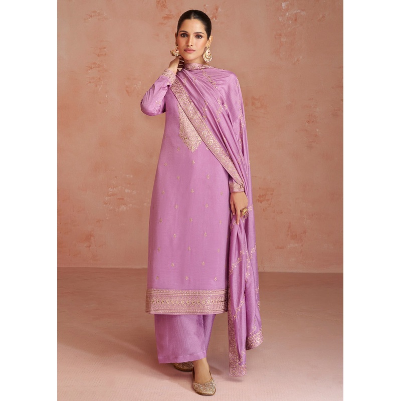 Elegant Lavender Pink Silk Embroidered Palazzo Salwar Kameez