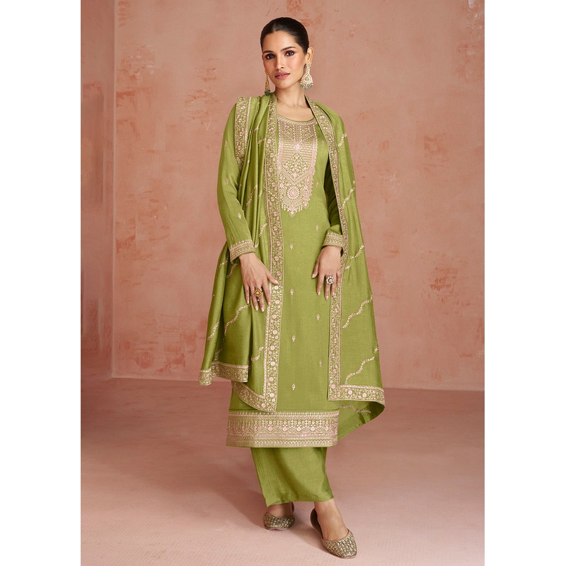 Elegant Lime Green Silk Embroidered Palazzo Salwar Kameez