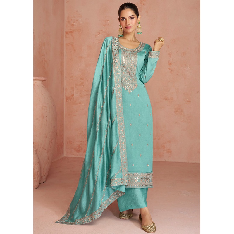 Elegant Mint Blue Silk Embroidered Palazzo Salwar Kameez