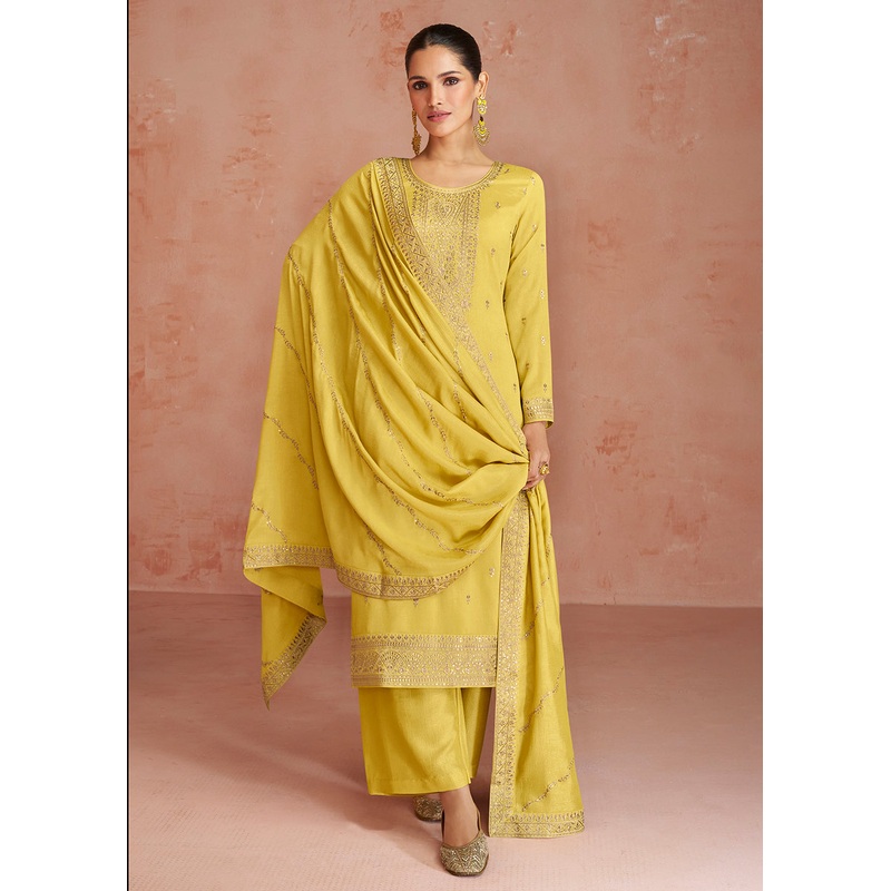 Elegant Yellow Silk Embroidered Palazzo Salwar Kameez