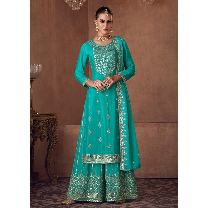 Embellished Aqua Green Chinon & Georgette Designer Palazzo Suit