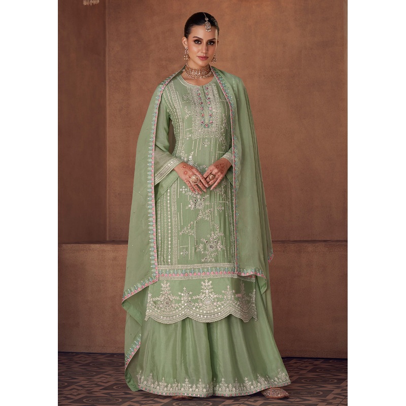 Embellished Pastel Green Chinon & Georgette Designer Palazzo Suit