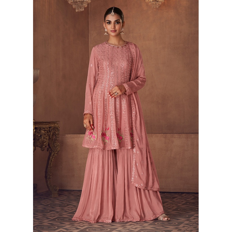 Embellished Peachy Pink Chinon & Georgette Designer Palazzo Suit