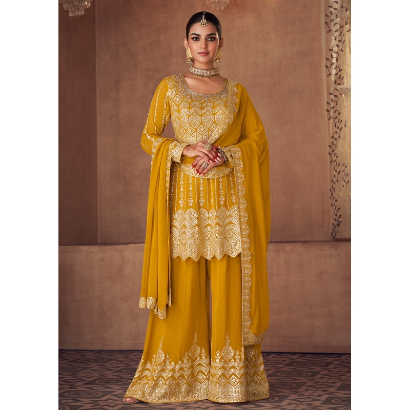 Embellished Yellow Chinon & Georgette Designer Palazzo Suit