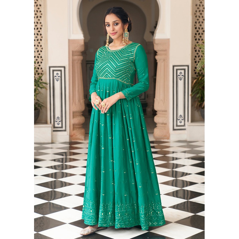 Embroidered Aqua Green Function Wear Anarkali Gown