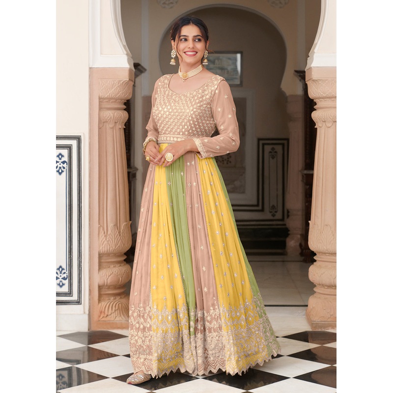 Embroidered Beige Multicolor Function Wear Anarkali Gown