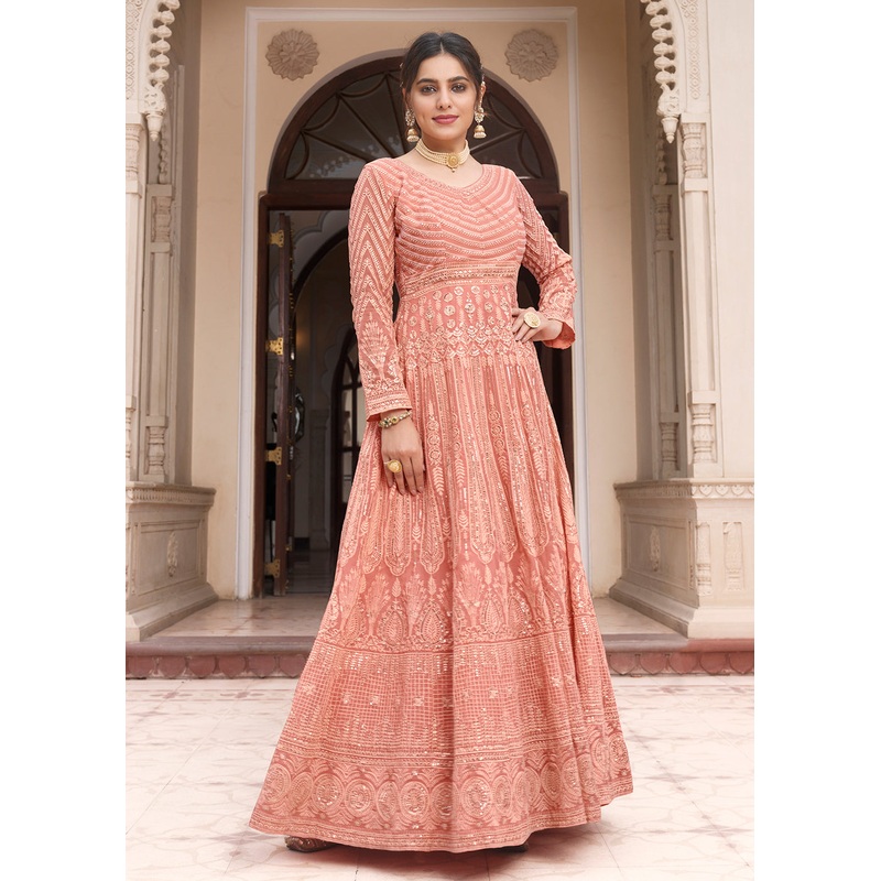 Embroidered Pretty Peach Function Wear Anarkali Gown