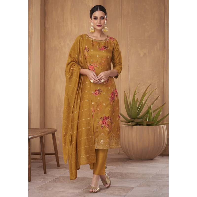 Excellent Yellow Russian Silk Embroidered Pant Style Suit