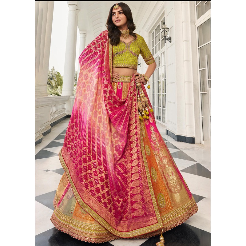 Fabulous Multicolor Heavy Embroidered Silk Bridal Lehenga Choli