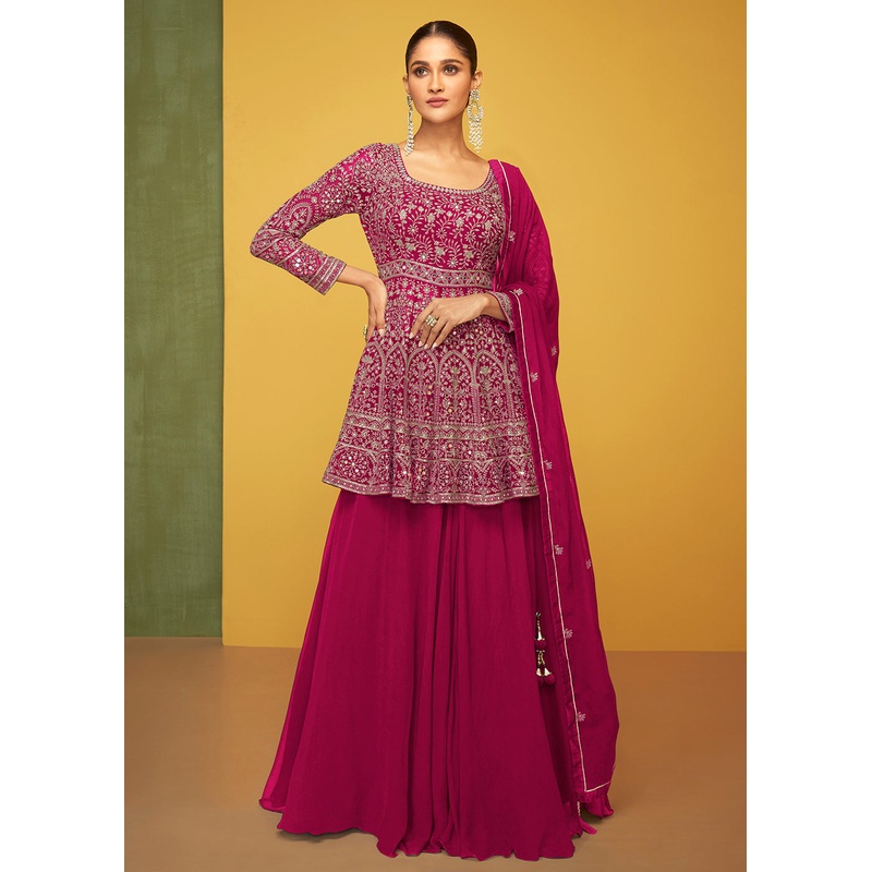 Fantastic Pink Georgette Fabric Skirt Style Designer Palazzo Suit