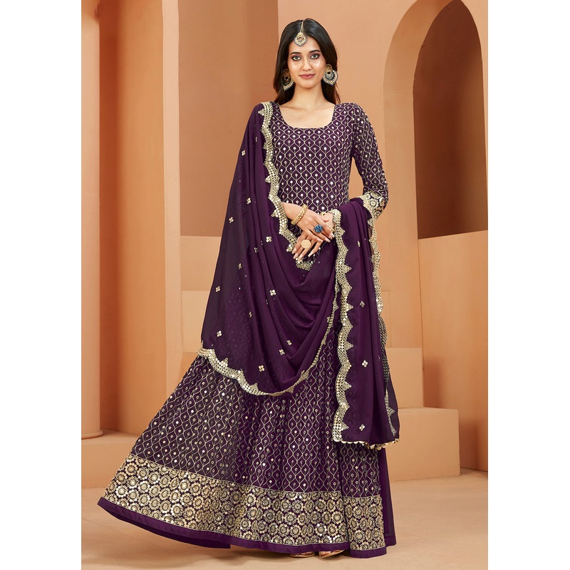 Faux Georgette Excellent Purple Sequins Anarkali Suit