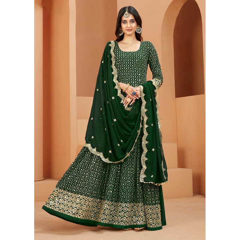 Faux Georgette Radiant Dark Green Sequins Anarkali Suit