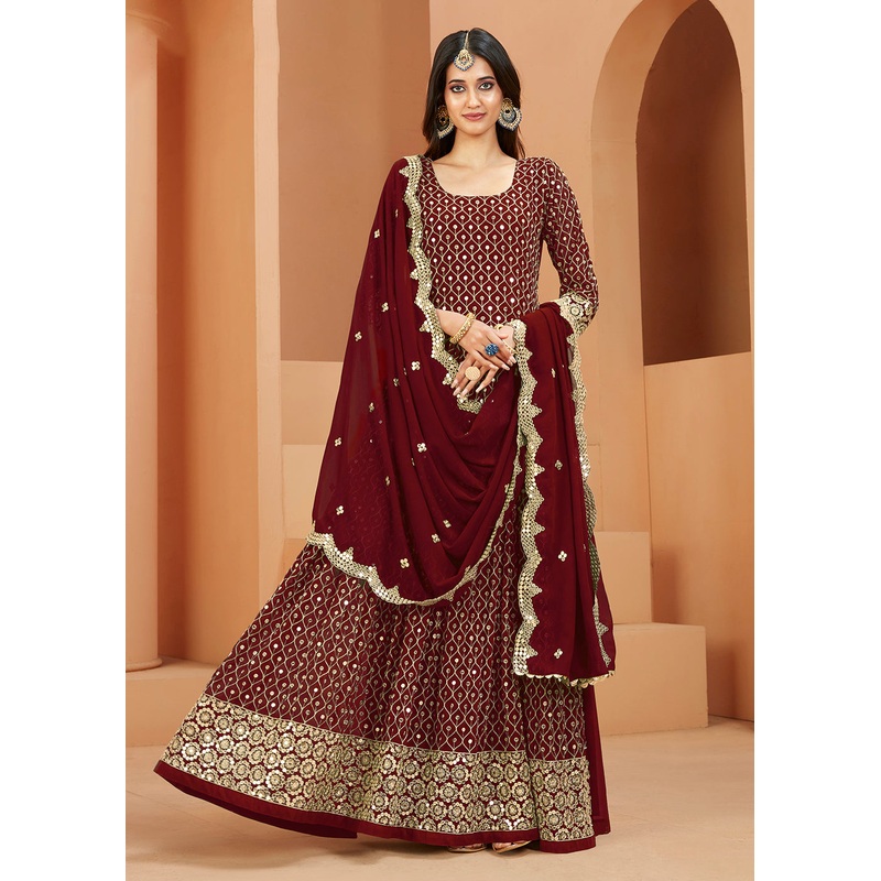 Faux Georgette Winsome Maroon Sequins Anarkali Suit