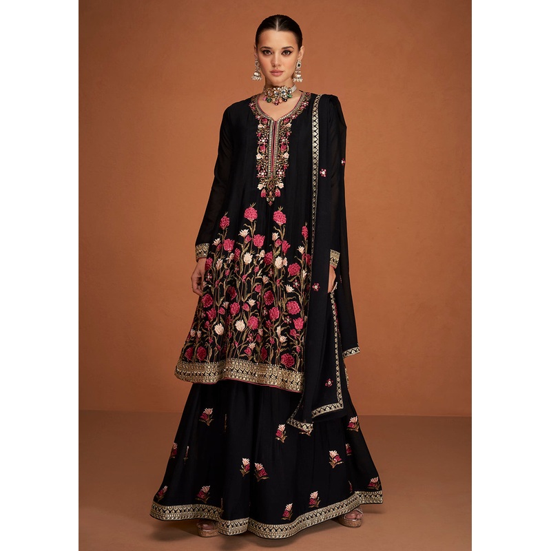 Festive Party Breathtaking Black Embroidered Chinon Silk Sharara Suit