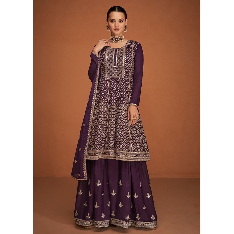 Festive Party Charming Wine Embroidered Chinon Silk Sharara Suit