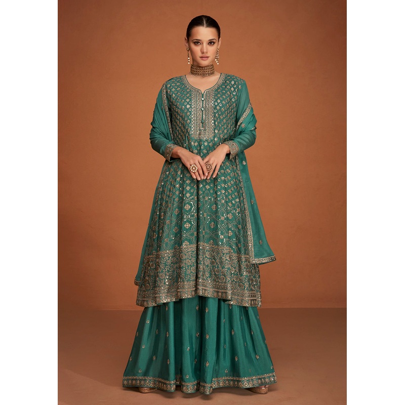 Festive Party Emphatic Sage Green Embroidered Chinon Silk Sharara Suit