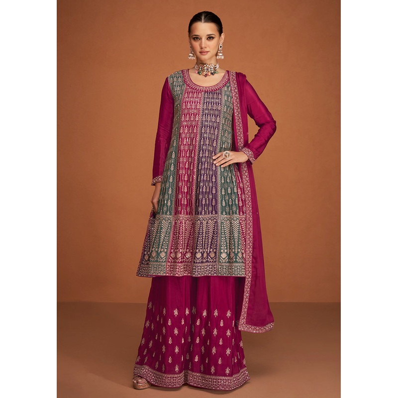 Festive Party Engrossing Pink Embroidered Chinon Silk Sharara Suit