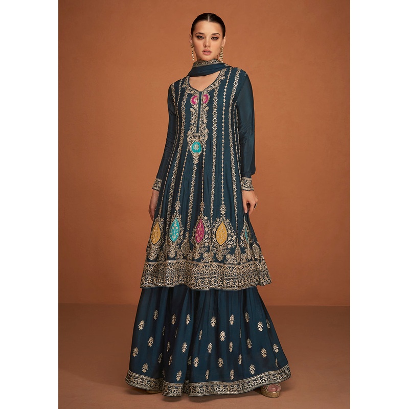 Festive Party Turquoise Blue Embroidered Chinon Silk Sharara Suit