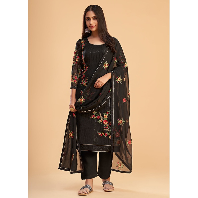 Floral Embroidered Black Indian Wedding Wear Salwar Suit
