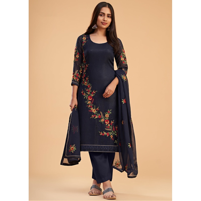 Floral Embroidered Navy Blue Indian Wedding Wear Salwar Suit