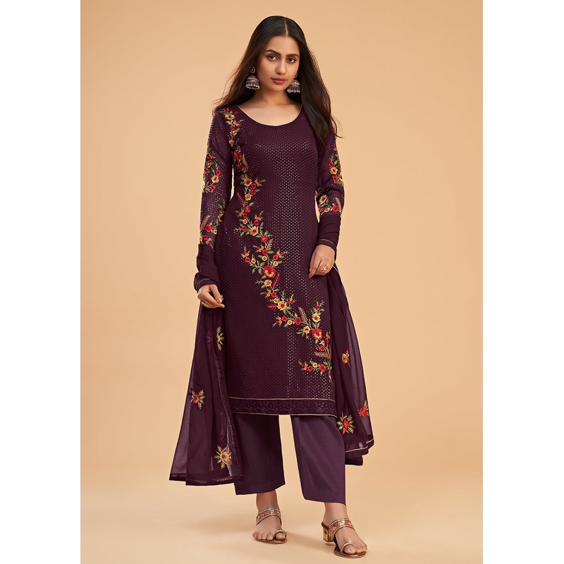 Floral Embroidered Wine Indian Wedding Wear Salwar Suit