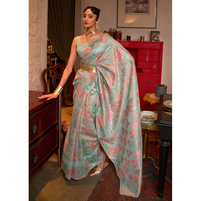 French Sky Blue Floral Kashmiri Weaving Silk Wedding Party Saree