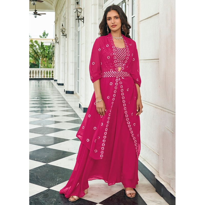Fuchsia Pink Sequined Embroidered Shrug Style Lehenga Choli