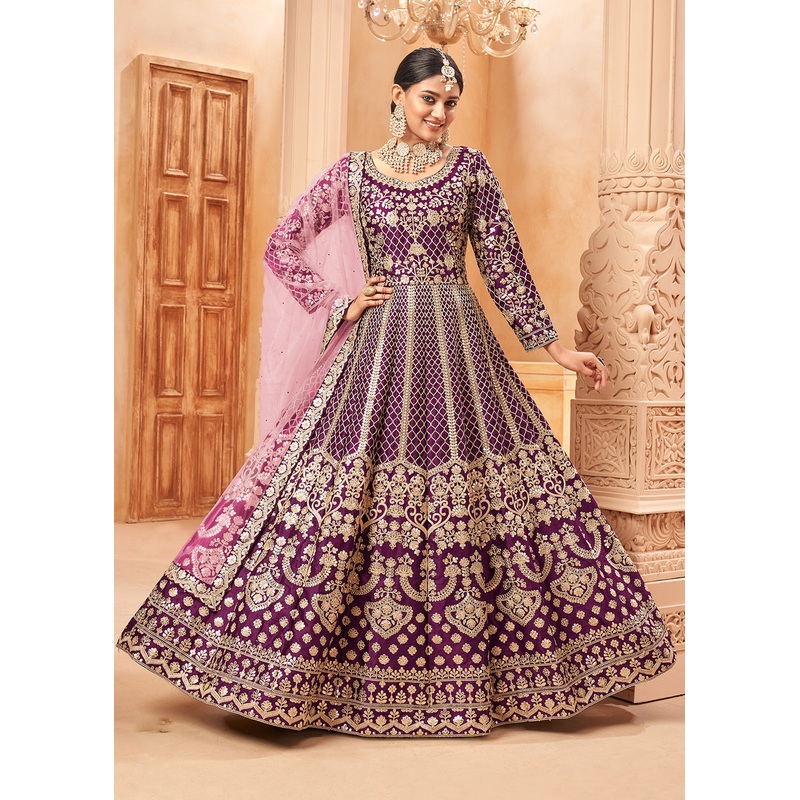 Glam Purple & Gold Embroidered Silk Anarkali Suit