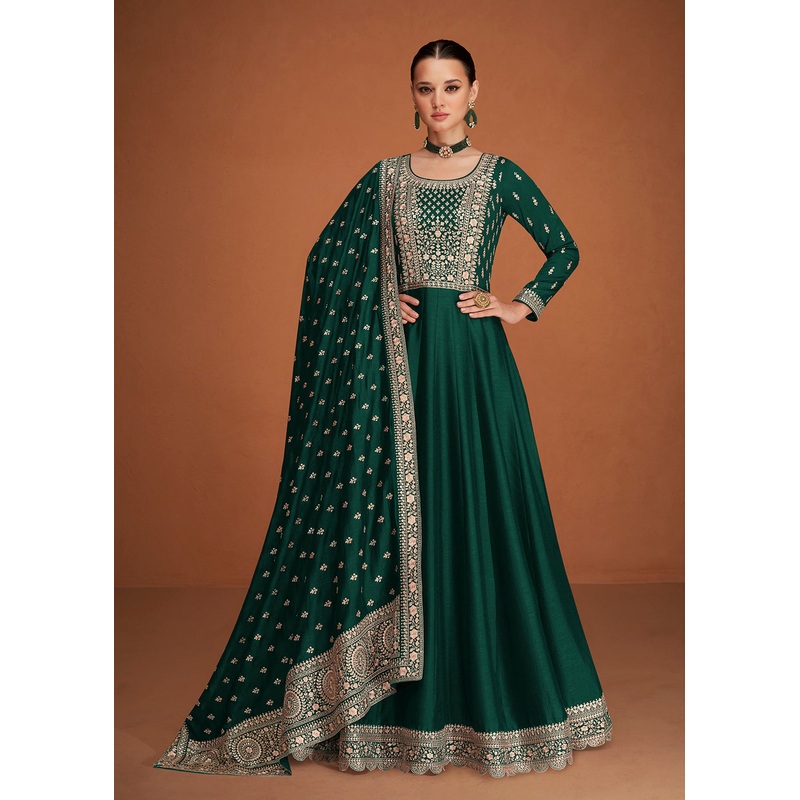 Glamourous Bottle Green Silk Embroidered Party Wear Anarkali