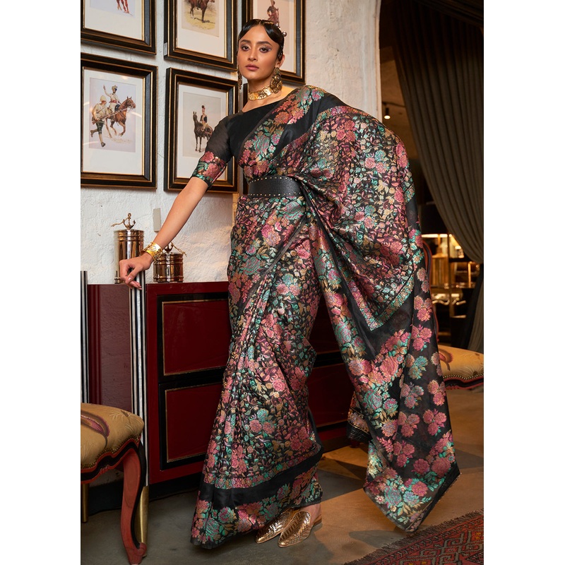 Gleaming Black Floral Kashmiri Weaving Silk Wedding Party Saree