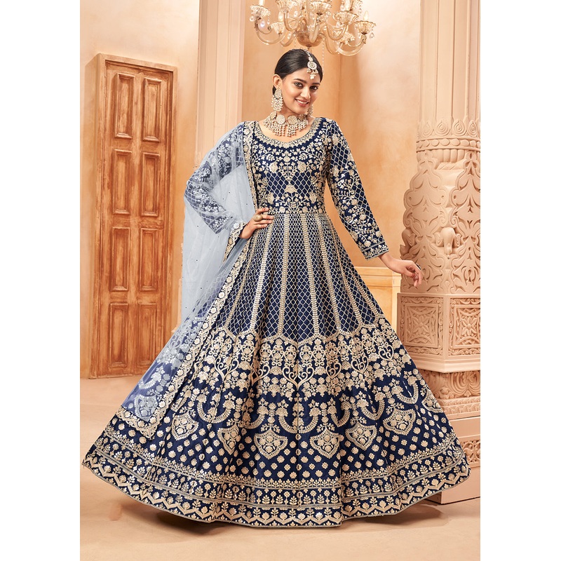 Glittering Navy Blue & Gold Embroidered Silk Anarkali Suit