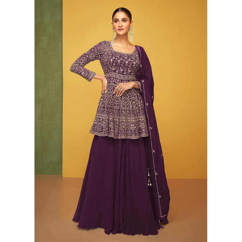 Glorious Purple Georgette Fabric Skirt Style Designer Palazzo Suit