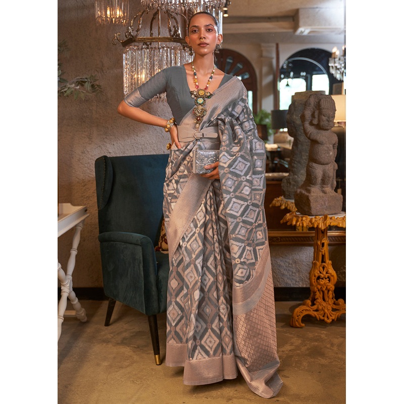 Impressive Grey Zari Weaving Linen Designer Saree